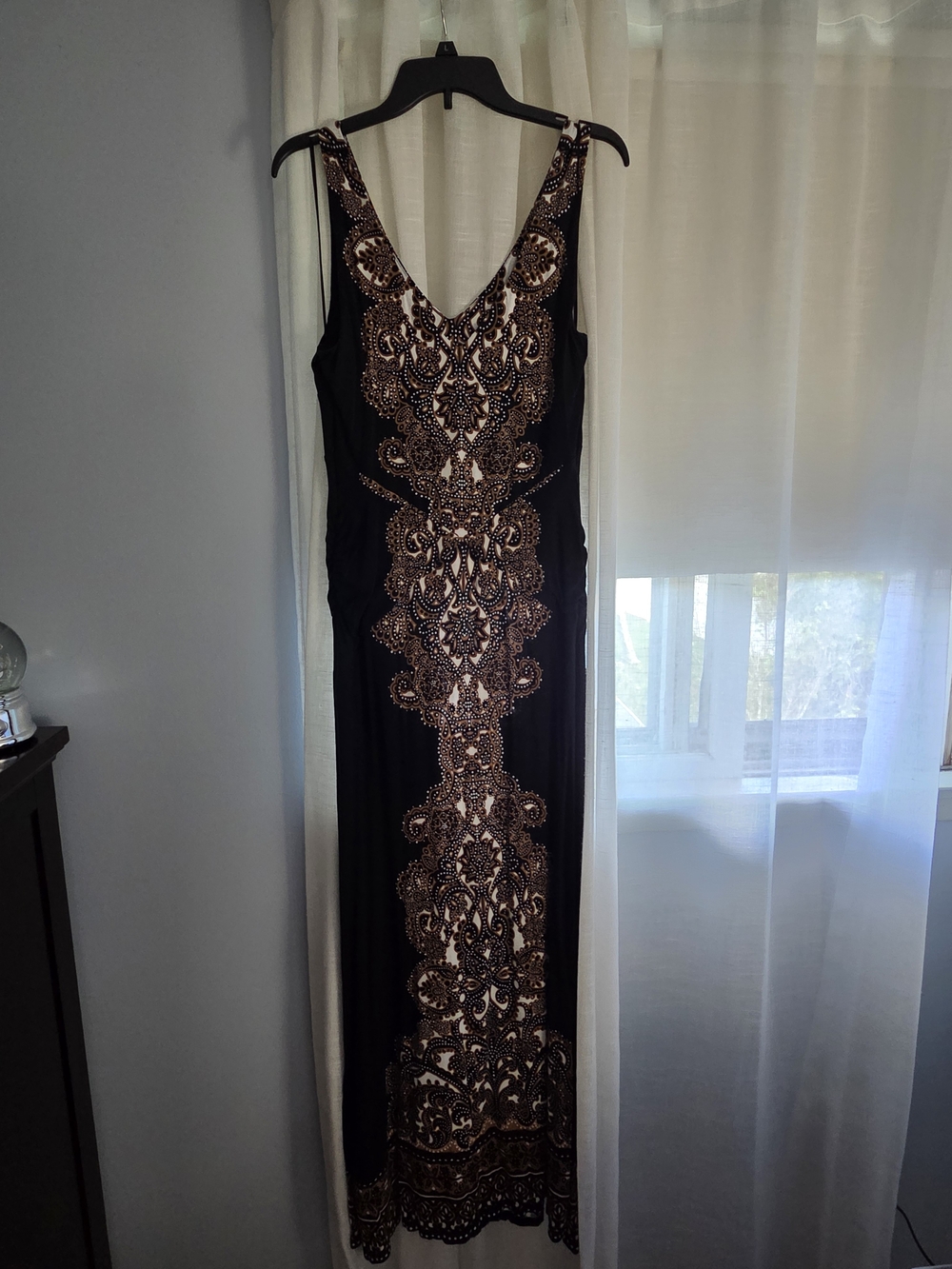 INC International Concepts Black Maxi Dress with Gold Embellished Lace Print
